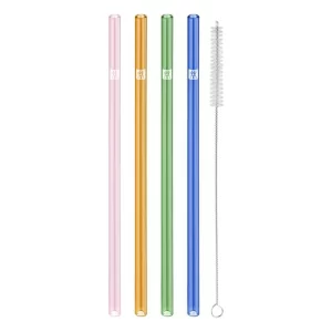 Juego de 4 popotes rectos de vidrío de colores, 23 cm