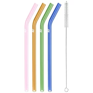Juego de 4 popotes curvos de vidrío de colores, 23 cm