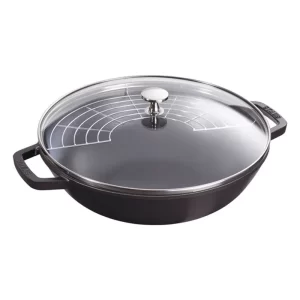 Wok pequeña con tapa de vidrio, hierro fundido, negro- 30 cm