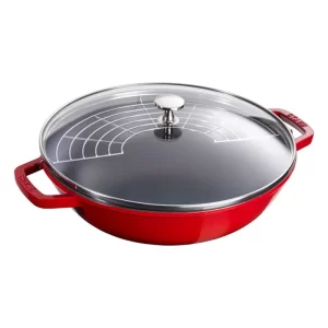 Wok pequeña con tapa de vidrio, hierro fundido, rojo- 30 cm